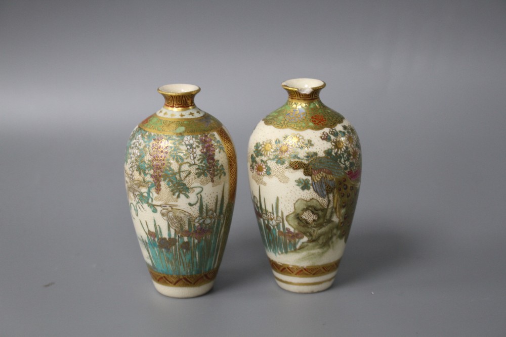 A pair of small Satsuma baluster vases, decorated with birds and flowers, signed, height 8.5cm
